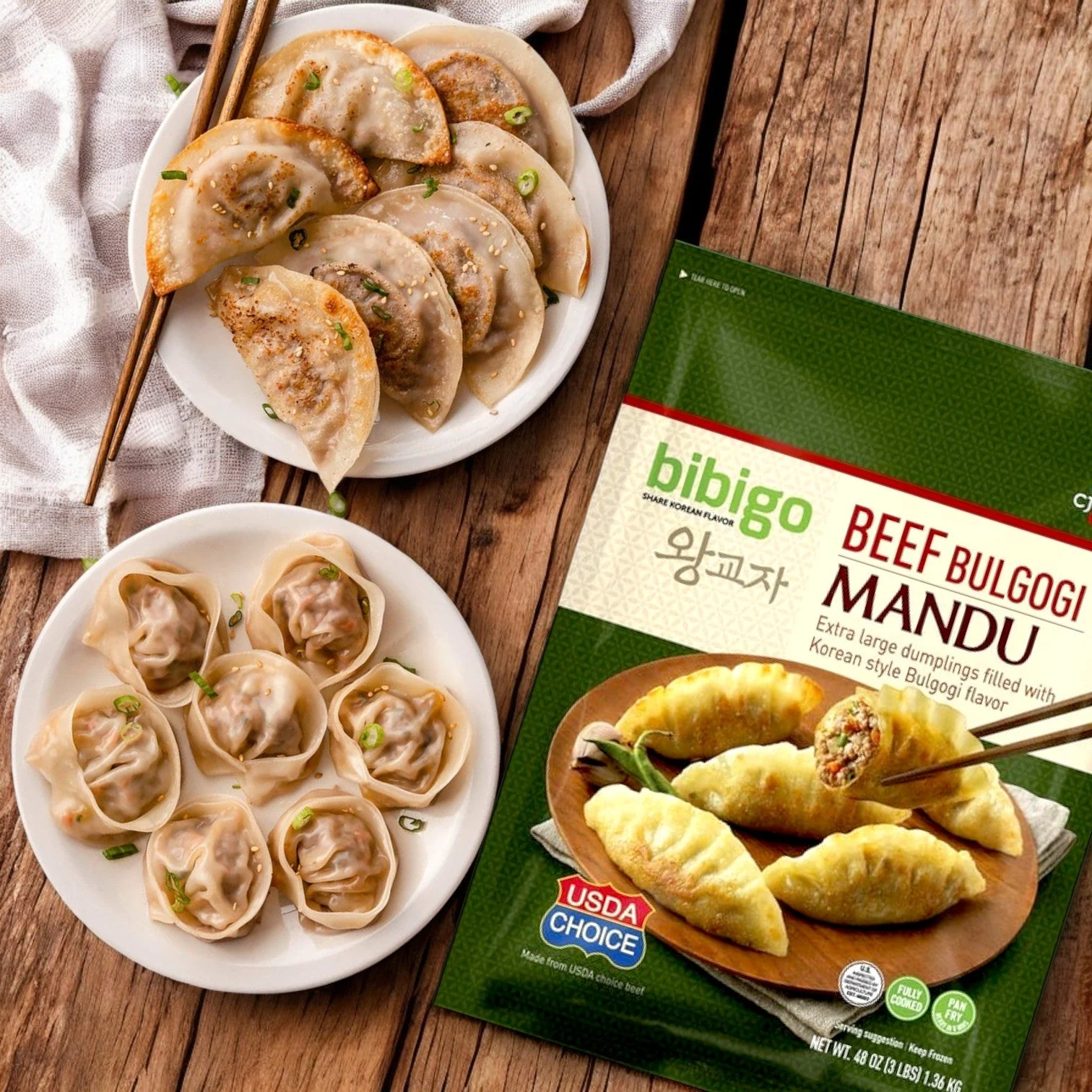 Bibigo · Mandu dumplings congelados rellenos de estilo coreano, carne bulgogi (1,36 kg)